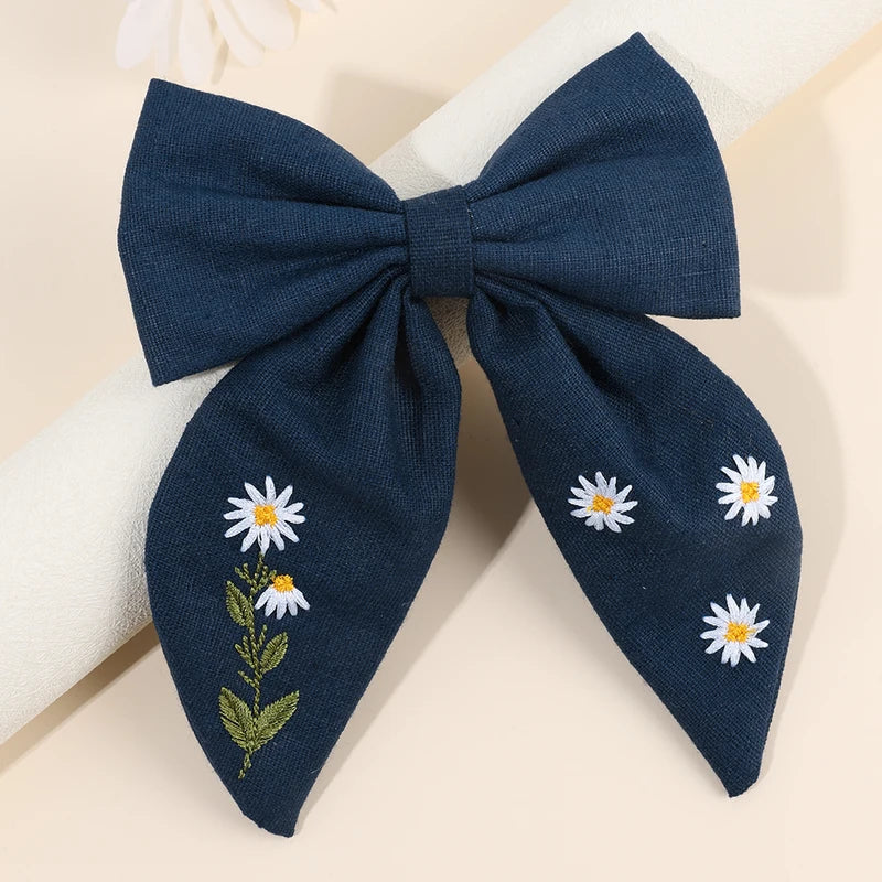 Floral Embroidered Bow Hair Clips Set for Girls and Women - Handmade Hair Accessories