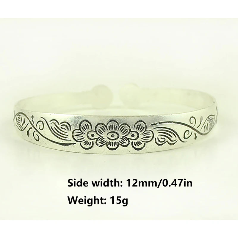 Vintage Tibetan Silver Cuff Bracelets with Carved Fish Elephant and Flower Designs - Gypsy Jewelry for Women