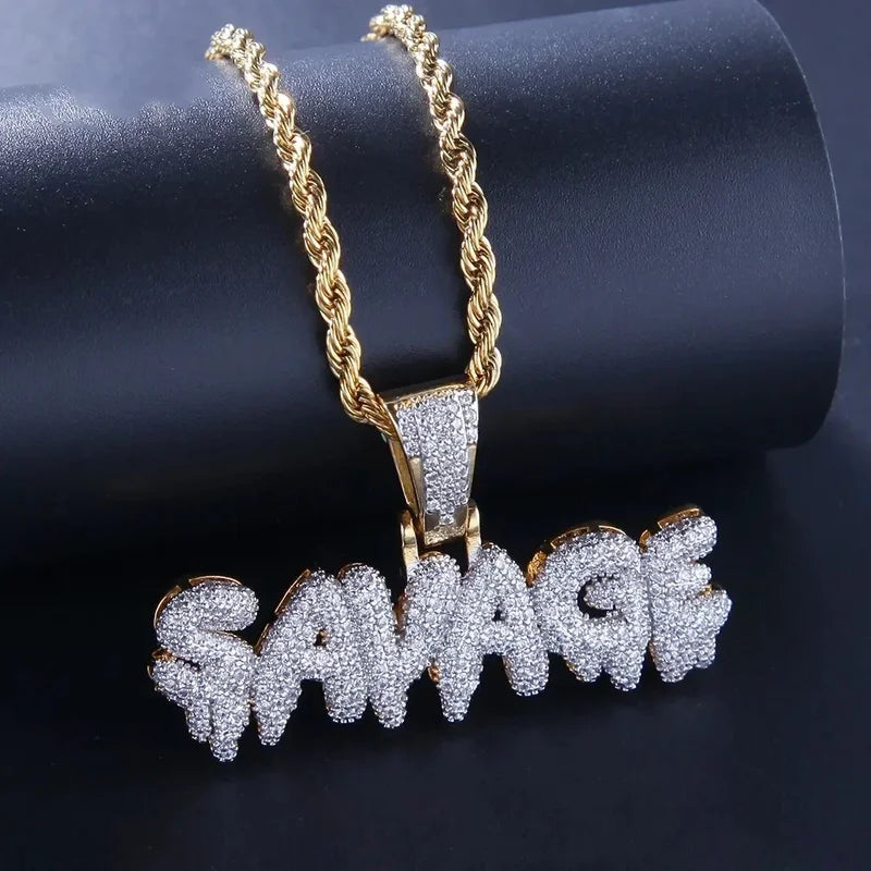Iced Out Bling Letter SAVAGE Pendant Necklace for Men Hip Hop Rap Jewelry