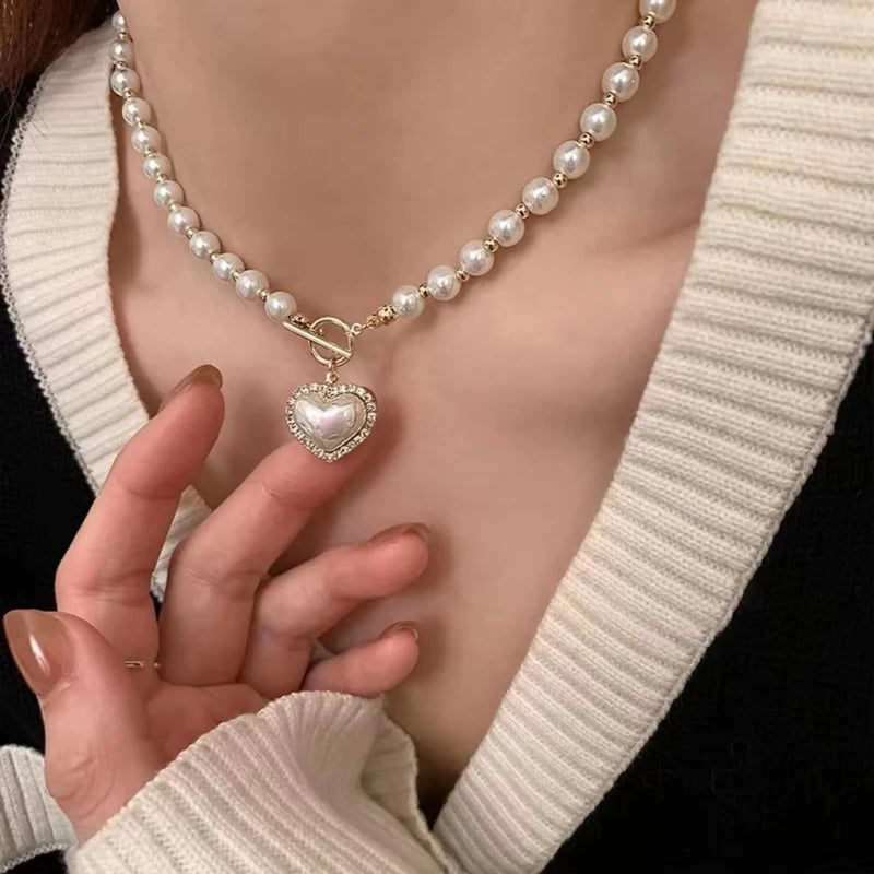 Elegant Pearl Necklace for Women Heart Pendant Imitation Pearls Chain Jewelry