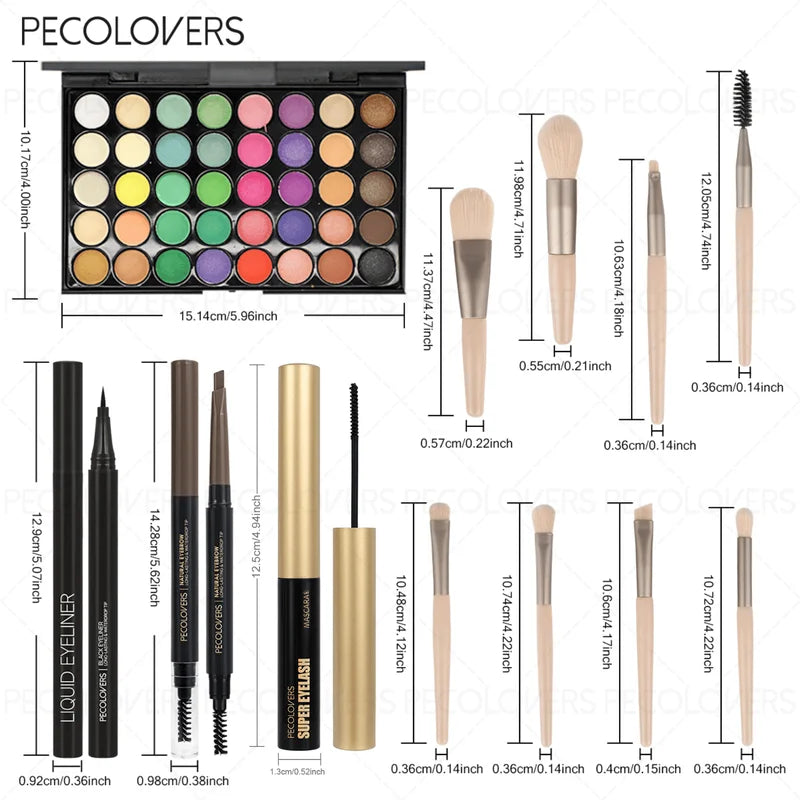 12-Piece Eye & Brow Makeup Set with 40 Shades, Waterproof Liquid Eyeliner, Mascara & Brushes