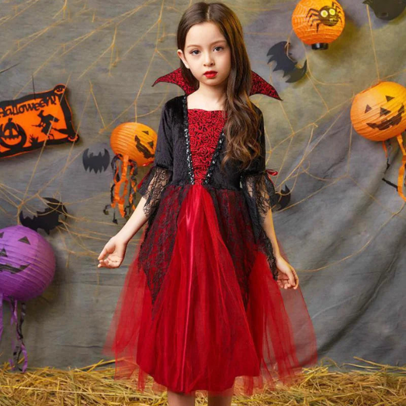 Kids Vampire Costume Dress for Halloween Girls Gothic Ghost Party Outfit