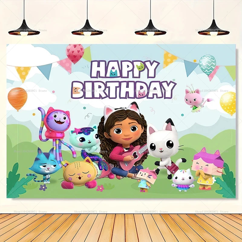 Cartoon Gabby Dollhouse Photo Backdrop for Birthday Party & Baby Shower Decor