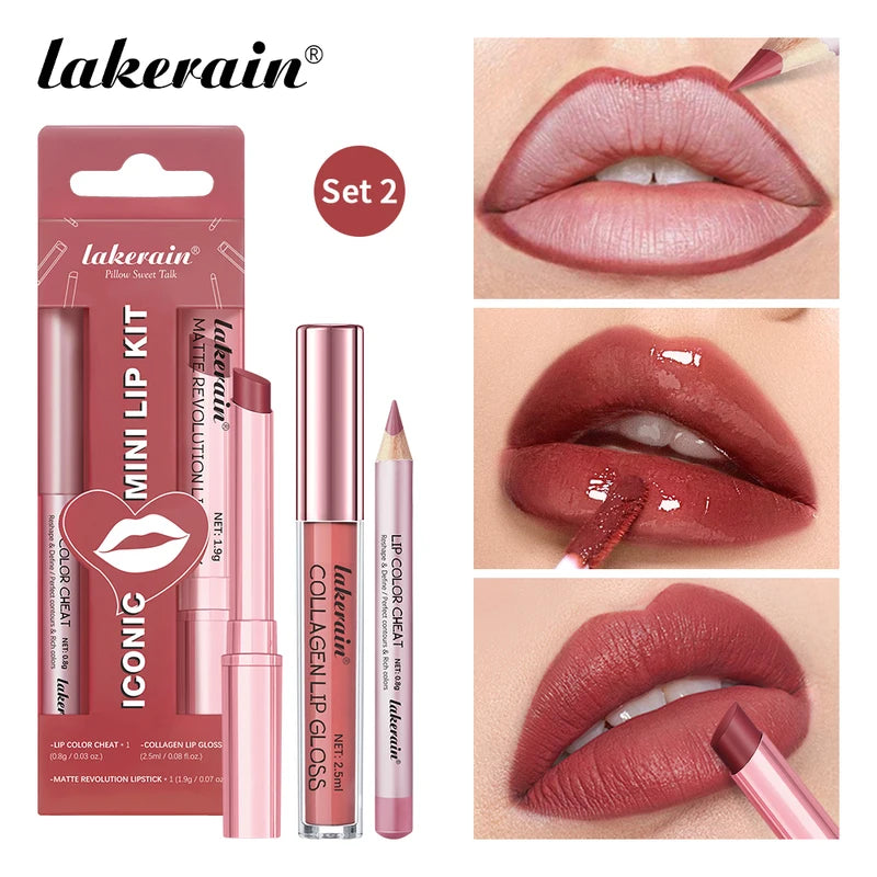 3-Piece Lip Makeup Set with Lip Liner Lip Gloss and Lipstick - Long-Lasting Hydrating Travel Mini Kit
