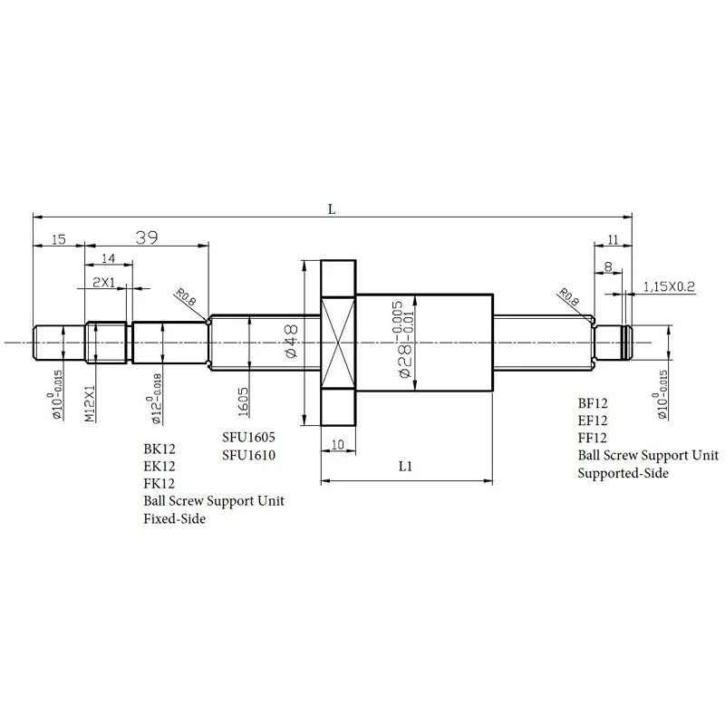 CNC Ballscrew Kit 1605 C7 End Machined Length 250-1550mm with Nut Housing & Coupler
