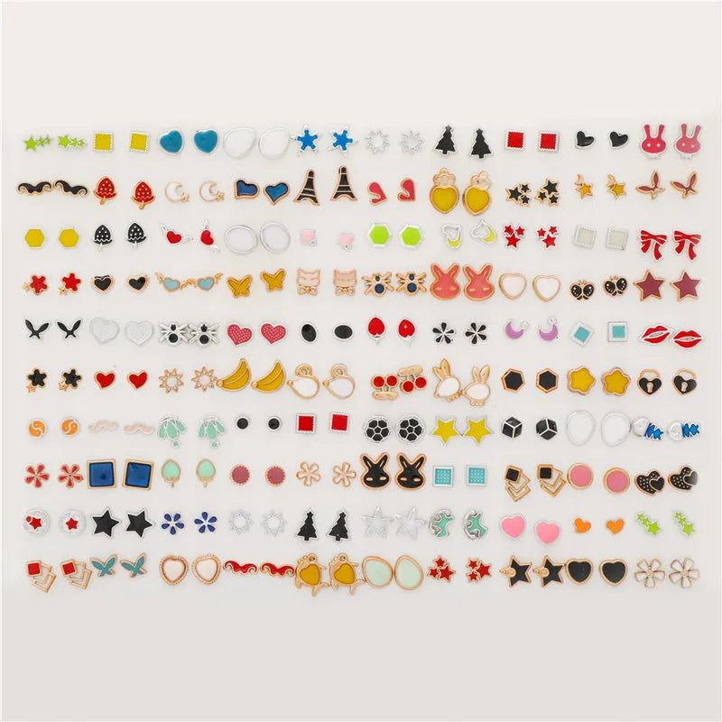 100 Pairs Small Stud Earrings Set for Women Geometric Star Animal Party Jewelry