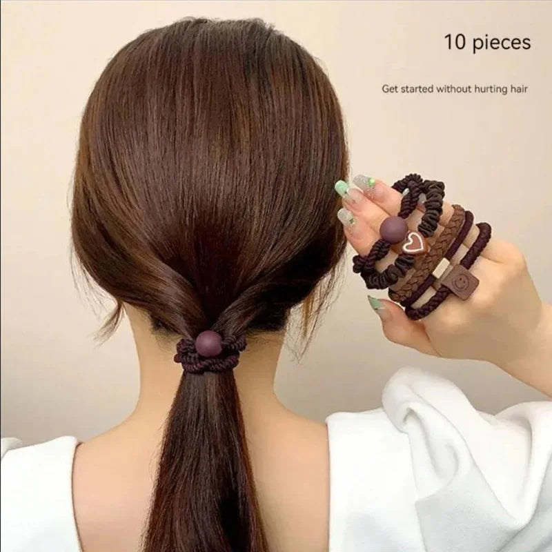 Women's Hair Ring Set - Elastic Leather Ponytail Holders - 10PCS