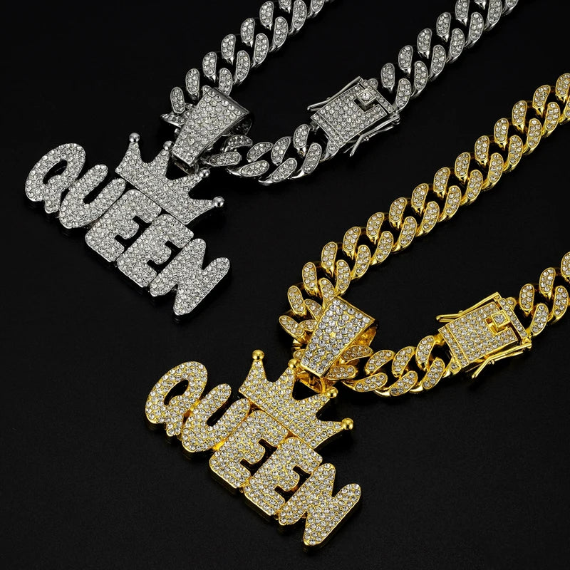 Men's Hip Hop Crown Pendant Necklace with QUEEN Letter Cuban Chain Bling Jewelry