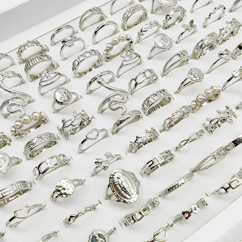 30PCS Mix Style Silver Color Pearl Finger Rings Animal Snake Leaf Party Jewelry Girl Gift