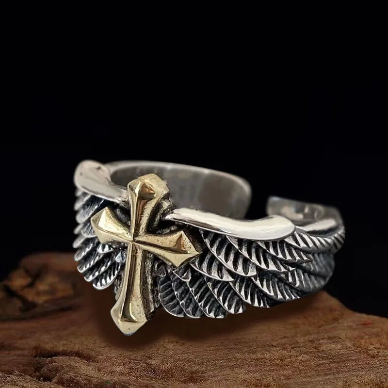 Unisex Retro Cross Feather Graffiti Punk Gothic Adjustable Ring Jewelry Gift