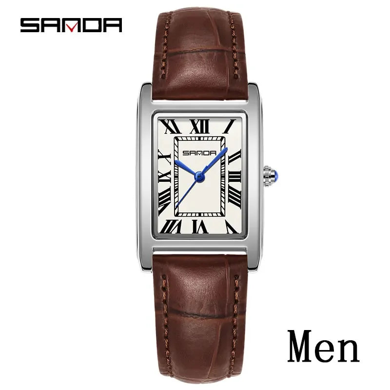 Luxury Couple Sports Watches with Waterproof Leather Straps - Quartz, Square Dial