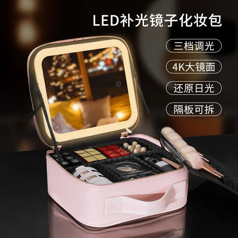 Large Capacity Makeup Bag with Full Screen Mirror Portable Travel Organizer