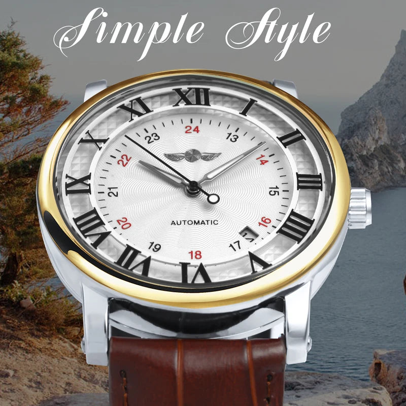 Men's Automatic Mechanical Watch with Leather Strap, Date Display, Minimalist Design