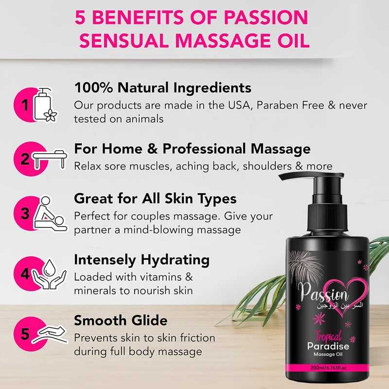 Natural Body Massage Oil for Couples - Tropical Passion Scent, 6.76 oz, Skin Moisturizer & Relaxation