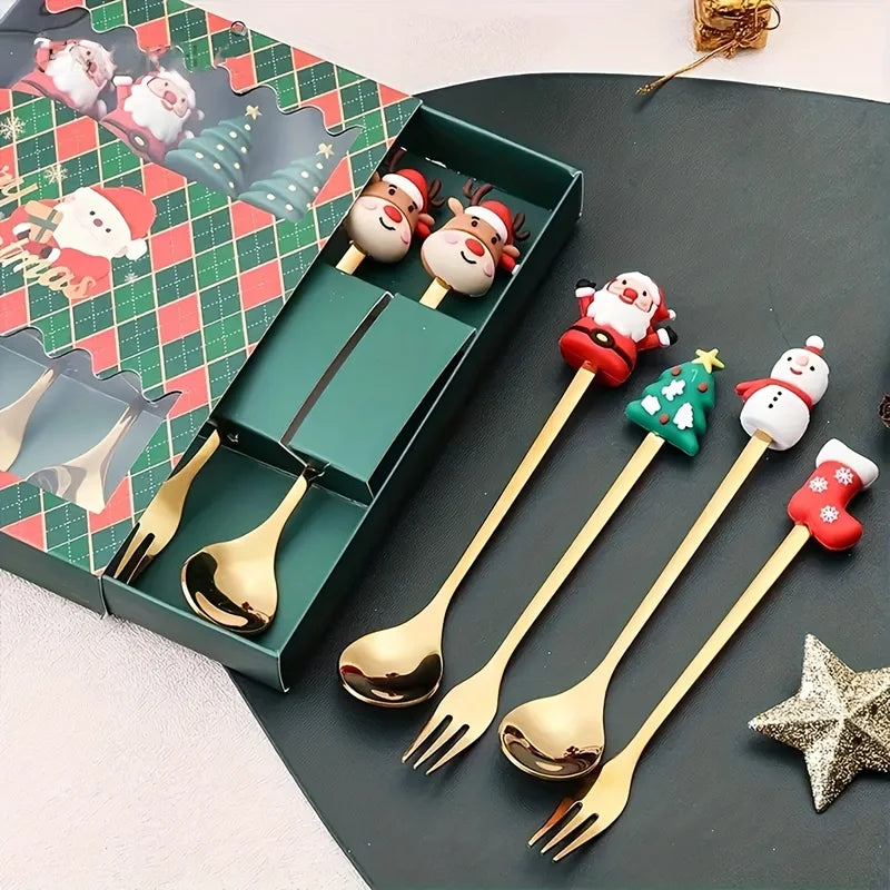 Christmas Stainless Steel Fork and Spoon Set with Santa Design - 2/4/6 Pcs Holiday Tableware