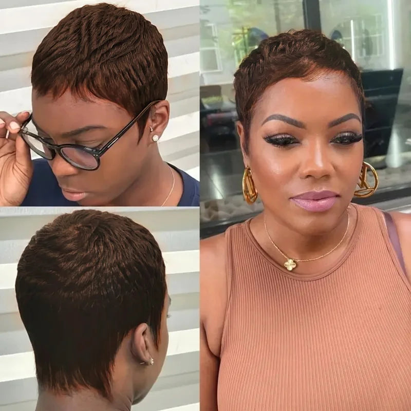 Curly Human Hair Wigs for Women - Short Pixie Cut Brazilian Hair, Full Machine Made