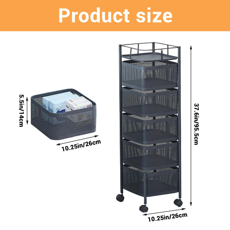 Rotating Kitchen Storage Rack - 5-Tier Multi-Layer Removable Basket Organizer on Rolling Wheels