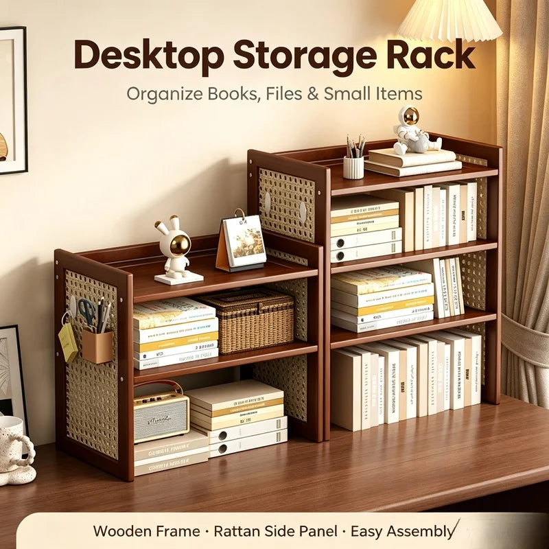 Multi-Height Desktop Bookshelf with Rattan Pegboard - Boho Wooden Organizer for Home Office
