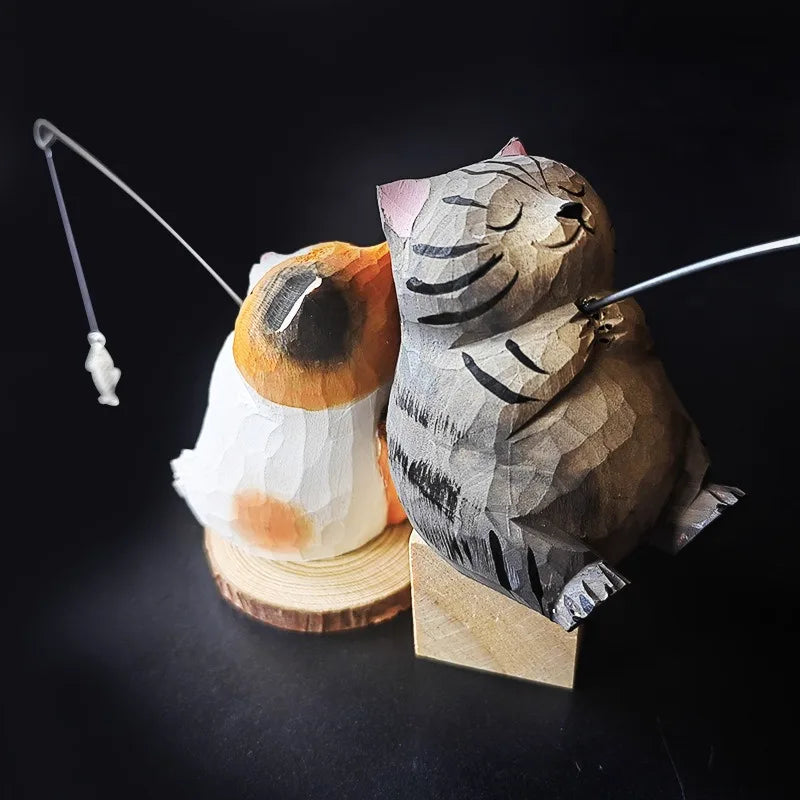 Handmade Wooden Cat Figurine - Cute Desk Decor, Animal Sculpture Gift