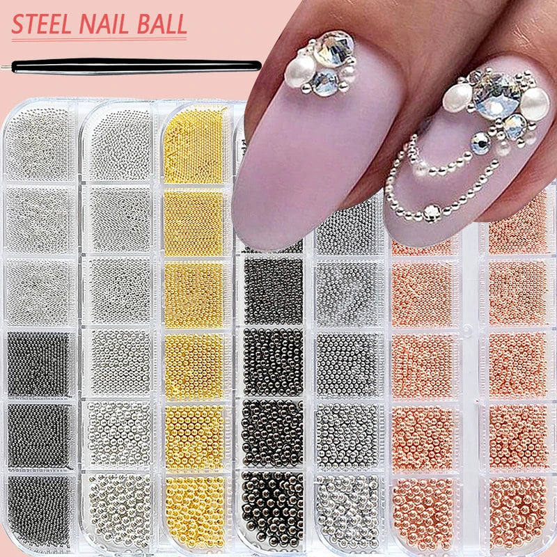 Mini Caviar Beads Nail Art Decorations Metal Micro Ball Set - Gold & Silver