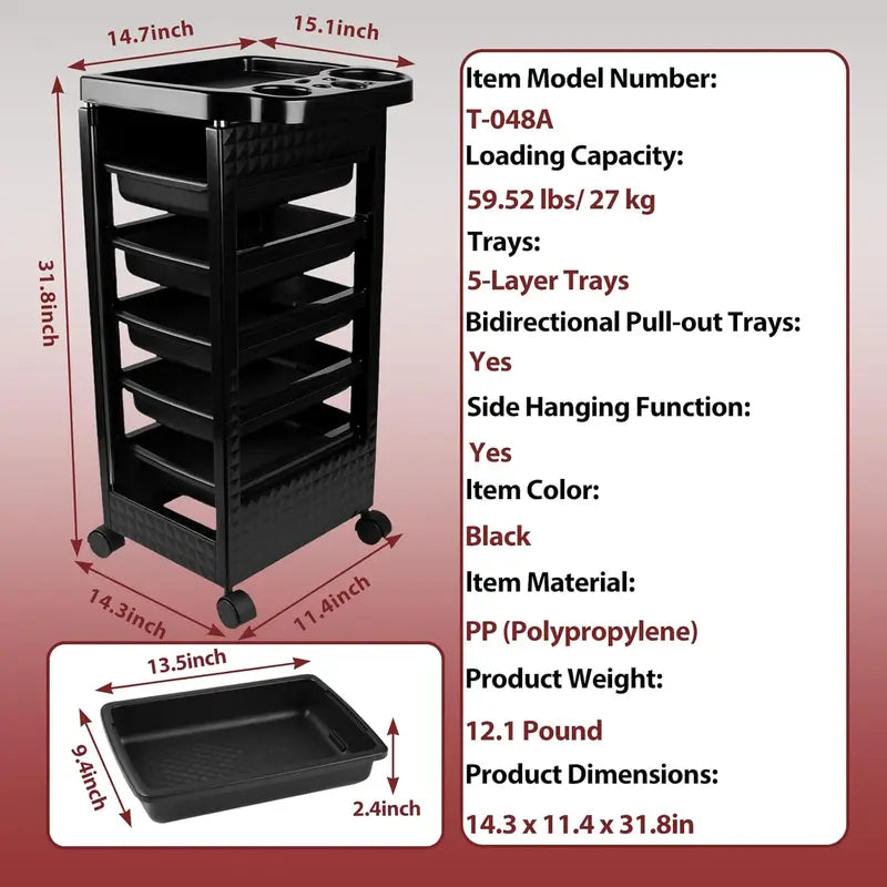 5-Tier Salon Rolling Cart with Wheels - Mobile Hair & Beauty Trolley for Cosmetology & Makeup