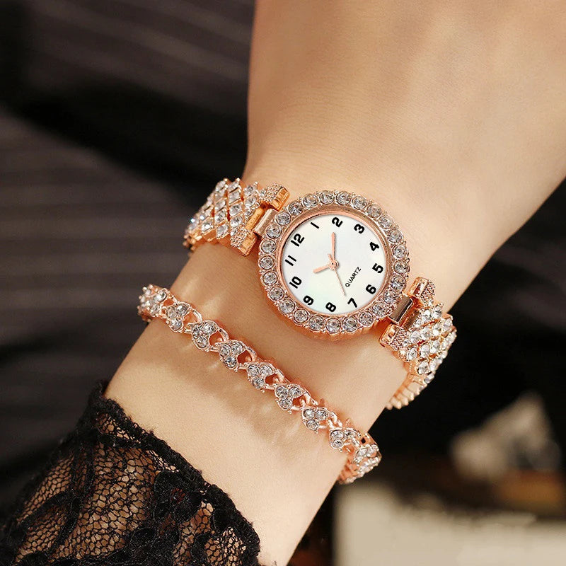 Luxury Rhinestone Women Watch Bracelet Set - Ladies Quartz Wristwatch & Jewelry