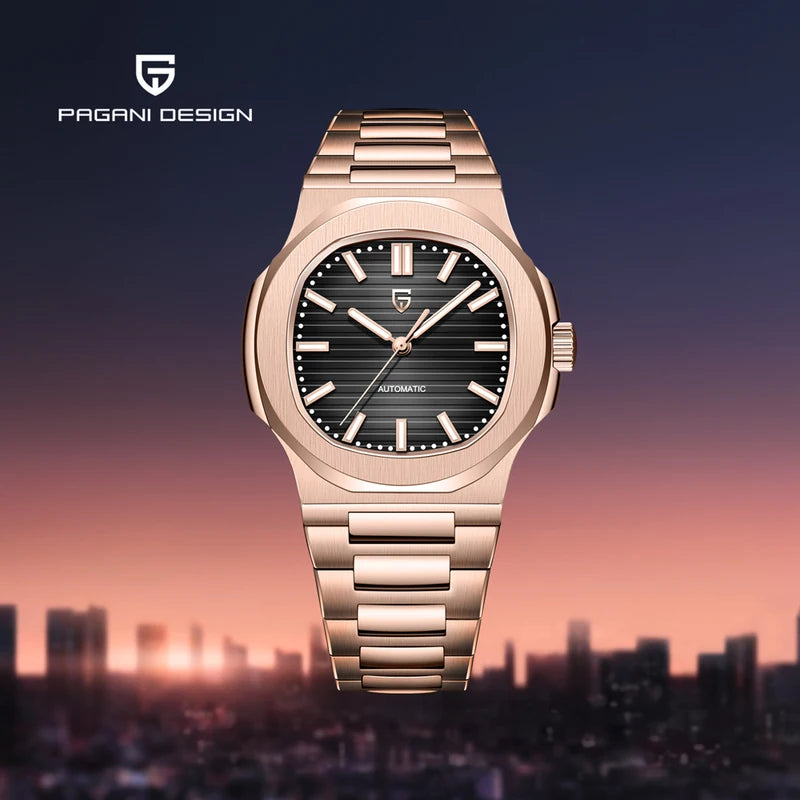 Luxury Automatic Men's Watch with Rose Gold Finish Waterproof Mechanical Wristwatch