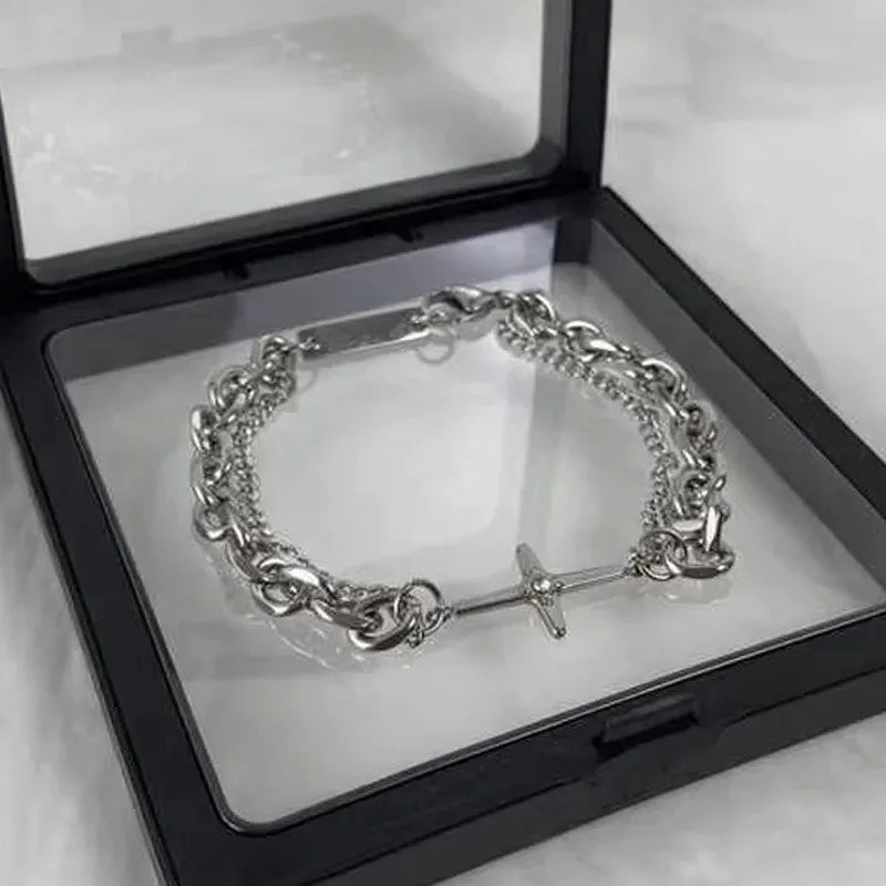 Punk Cross Y2K Stars Metal Bracelet Multilayer Chain Jewelry for Women Men