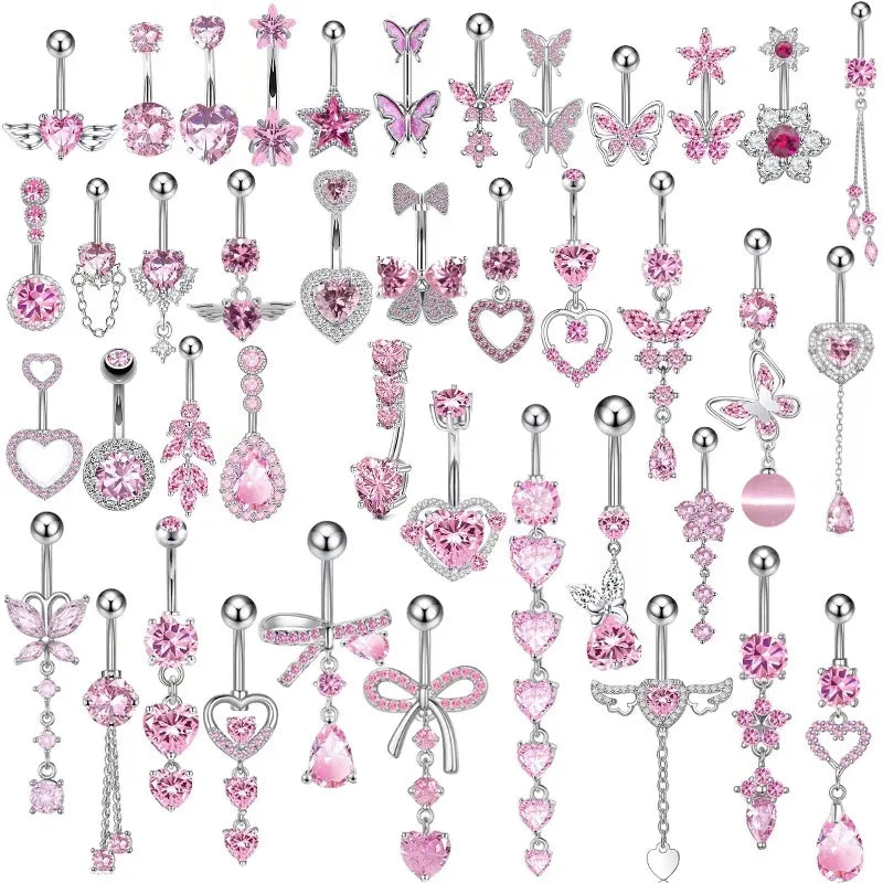 Pink Crystal Belly Button Ring with Butterfly Heart Pendant - Stainless Steel Navel Piercing for Women