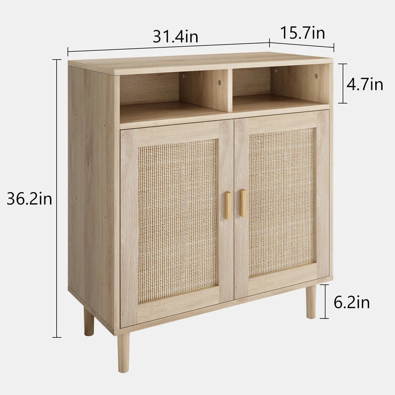 Modern Rattan Buffet Sideboard Cabinet with Shelves - Farmhouse TV Stand & Kitchen Console