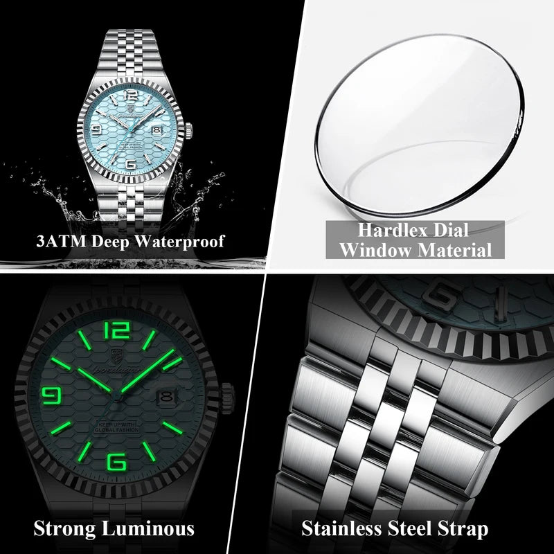 Luxury Men's Waterproof Luminous Dial Quartz Watch with Stainless Steel Band