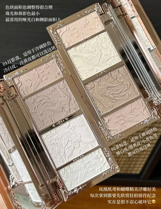Brightening Makeup Palette with Embossed Flower and Butterfly Designs - Contour and Highlight for Face