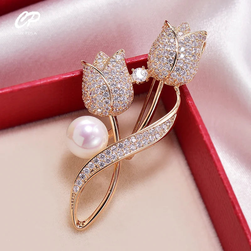 Luxury Tulip Flower Brooch with Rose White Stone - Elegant Jewelry Accessory