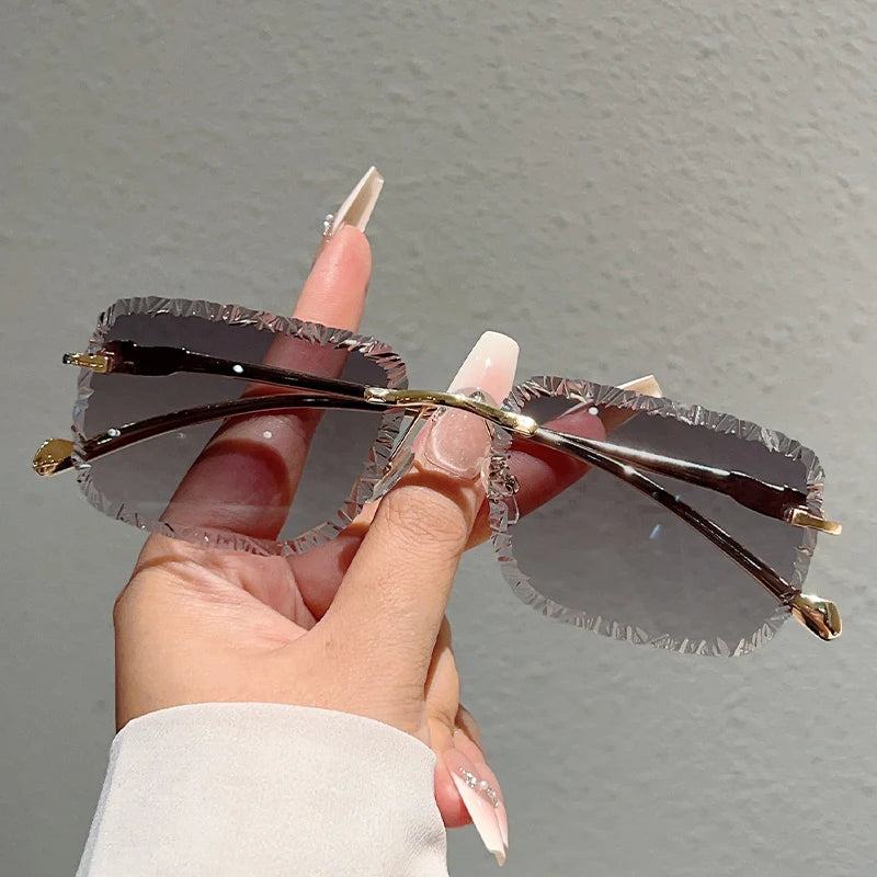 Square Rimless Sunglasses Men Women Fashion Vintage Trendy Casual Shades