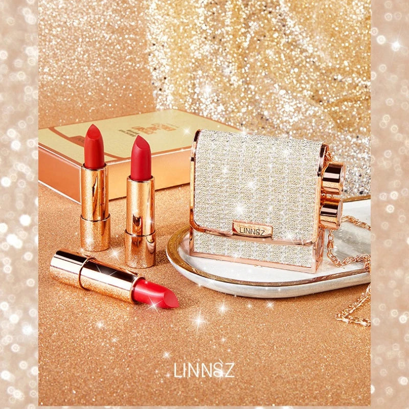 Matte Lipstick Set with 3 Colors, Waterproof & Long Lasting - 3.5g Each with Silver Chain Bag