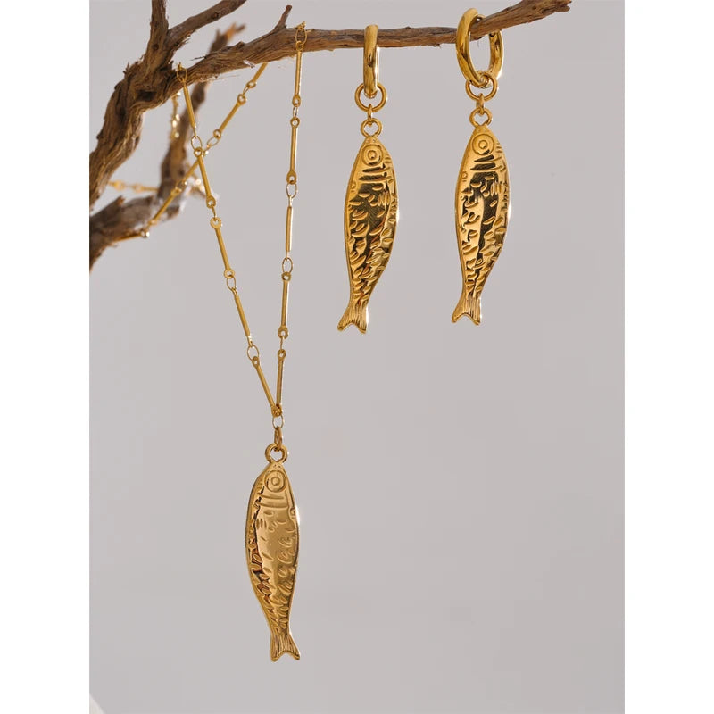 Ocean Fish Pendant Necklace & Earrings Jewelry Set - Stainless Steel, Gold PVD Plated