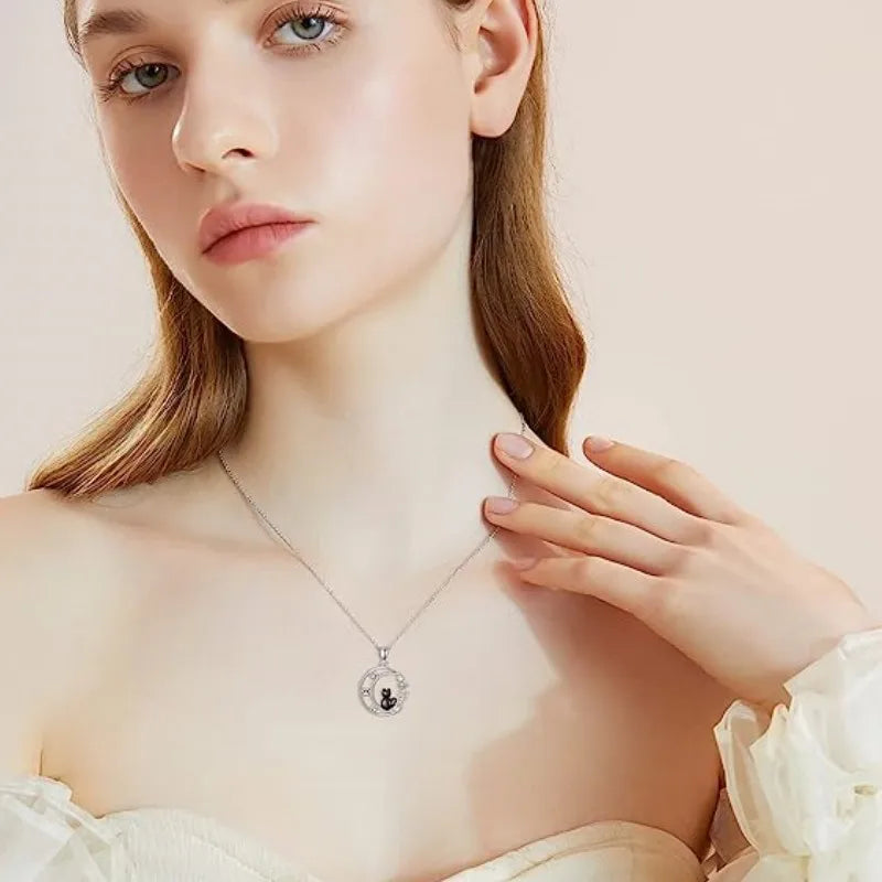 Black Cat Moon Pendant Necklace for Women - Cute Kitten Moonstone Choker Jewelry