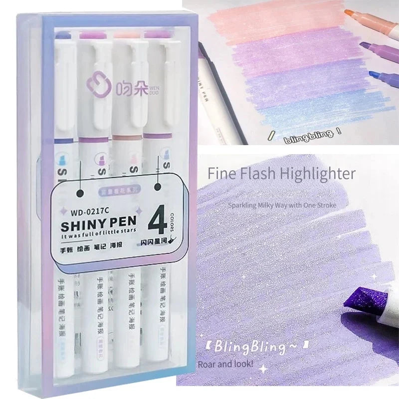 Kawaii Glitter Highlighter Pen Set - Pastel Fine Markers for Scrapbooking & Stationery
