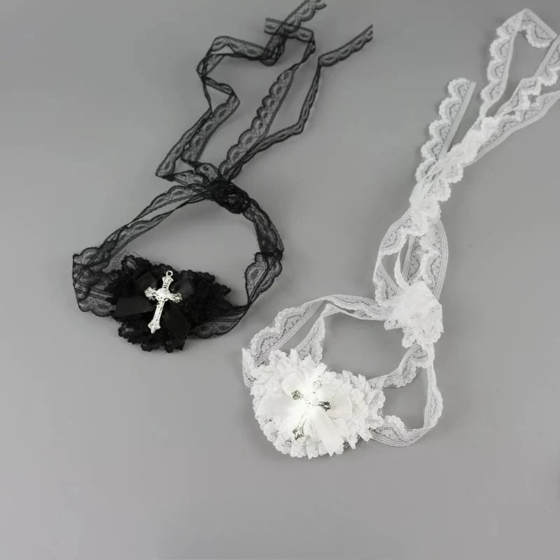 Halloween Punk Cross Eye Mask Women Gothic Lace Bow Accessory