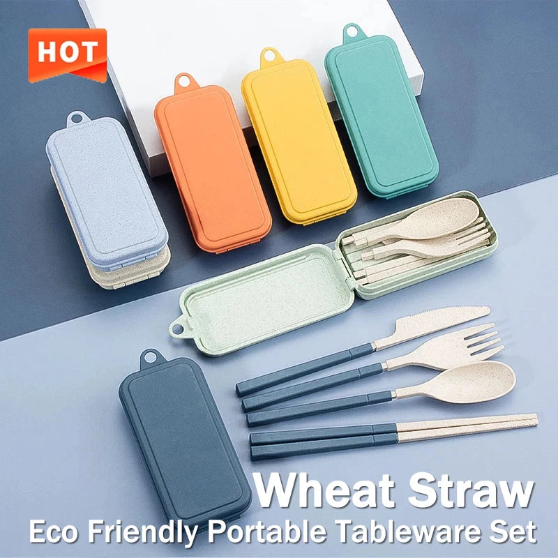 4-Piece Eco-Friendly Wheat Straw Travel Dinnerware Set with Detachable Cutlery
