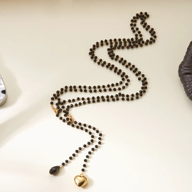 Bohemian Black Beads Tassel Necklace with Heart Pendant & Y-Shape Chain for Women Party Jewelry