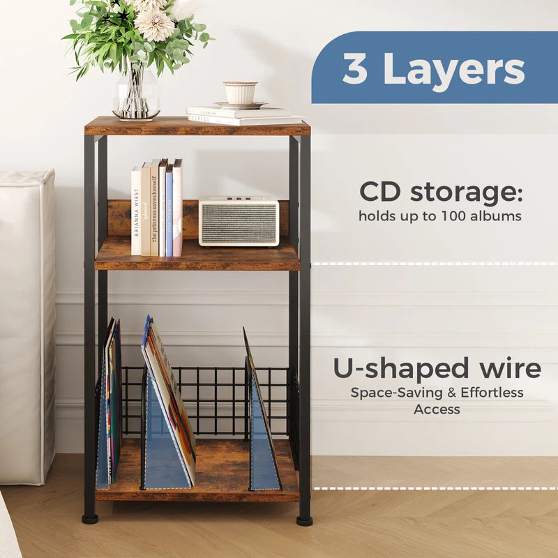 3-Tier Record Player Stand with Vinyl Storage - Black or Brown, 16 Inch