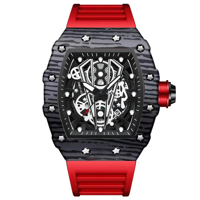Men's Barrel Watch with Curved Mirror Hollow Surface Silicone Quartz Wristwatch