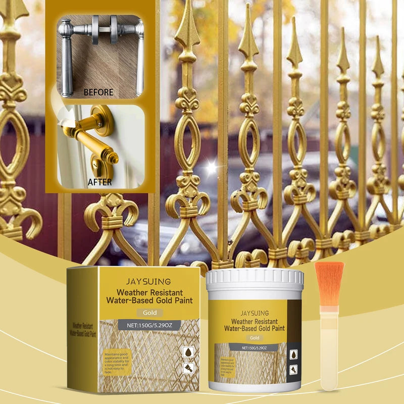 Gold Metallic Paint Set with Brush for Faux Gold Decorations on Metal, Wood, Wall, Fence & Furniture