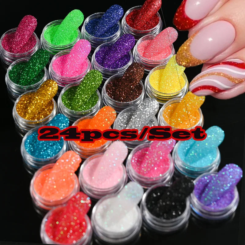 24pcs Nail Glitter Powder Set - Holographic Fine Sugar Chrome Pigment for Gel Polish & Manicure