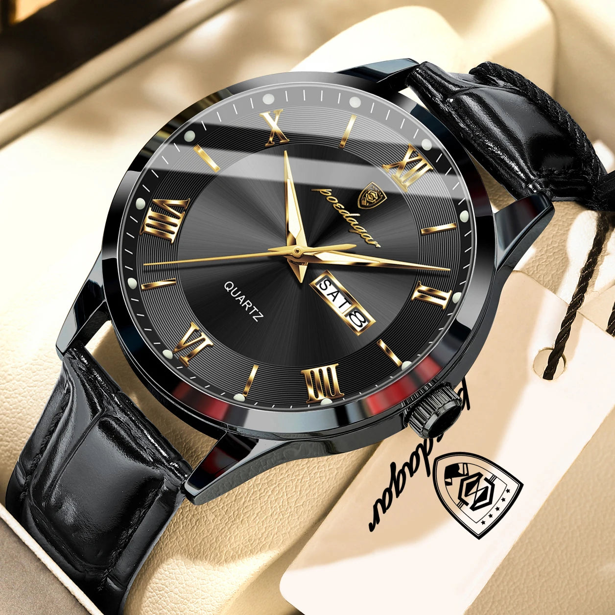 Men's Leather Business Wristwatch with Date and Luminous Quartz Movement
