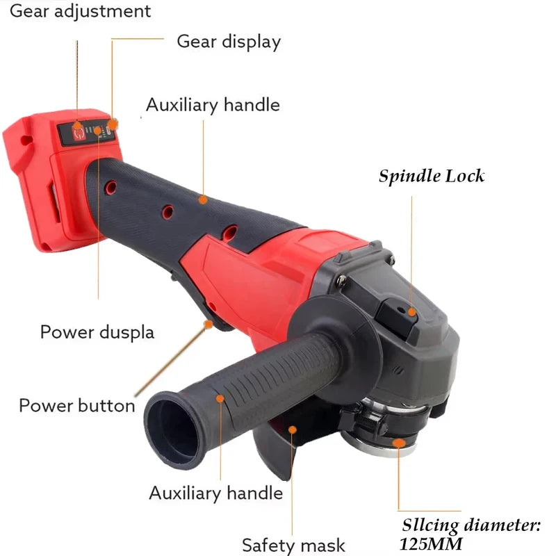 125mm Brushless Cordless Angle Grinder with 3 Gears Power Cutting Tool
