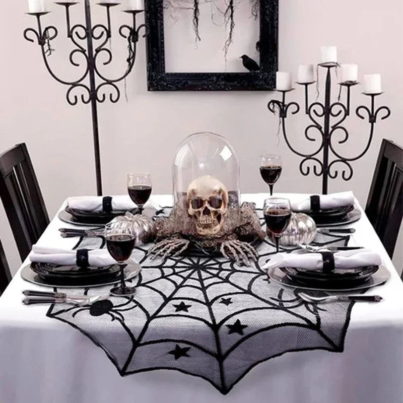 Halloween Spider Web Lace Tablecloth for Party Decorations - Black & Deep Sapphire Variants