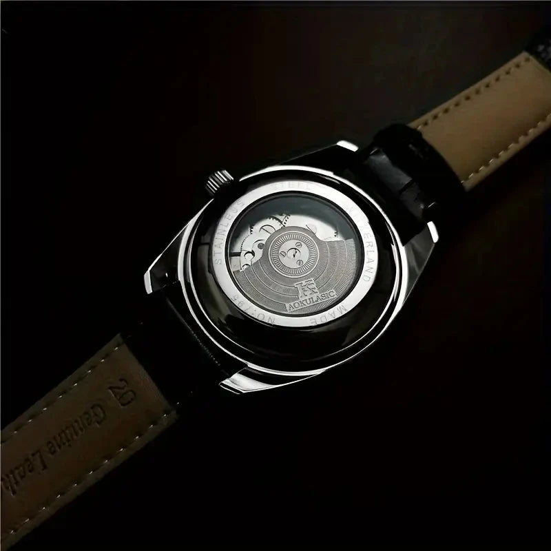 Men's Automatic Mechanical Watch with Moon Phase Skeleton Design - No Battery Needed