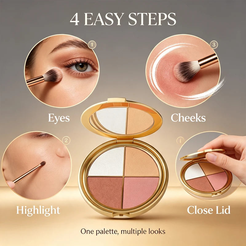 2-in-1 Highlighting Eye & Cheek Palette - Soft Shimmery Tones, Blendable Makeup Kit